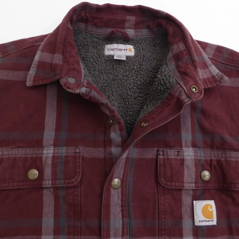 Carhartt 104452 Mens Carhartt Flannel Sherpa-Lined Shirt Jacket Red Plaid Medium